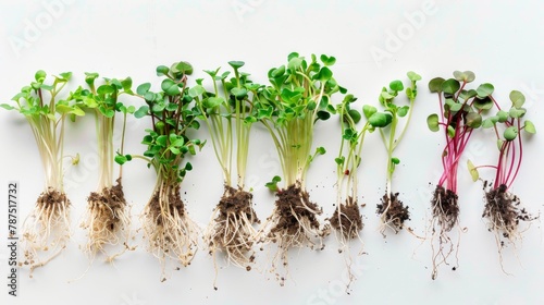 Assorted microgreens with roots on a white background. Healthy eating and organic farming concept.