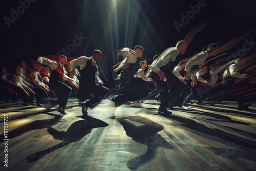 A group of tap dancers creating a rhythmic symphony with their fast-paced footwork and intricate rhythms photo