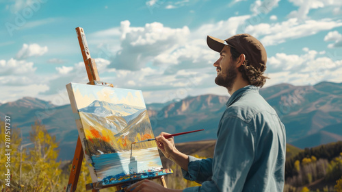 Man painting mountain landscape on canvas outdoors. Real-life artistic creation with natural backdrop. Artist painting an alpine landscape outdoors. Plein air painting and nature inspiration concept.