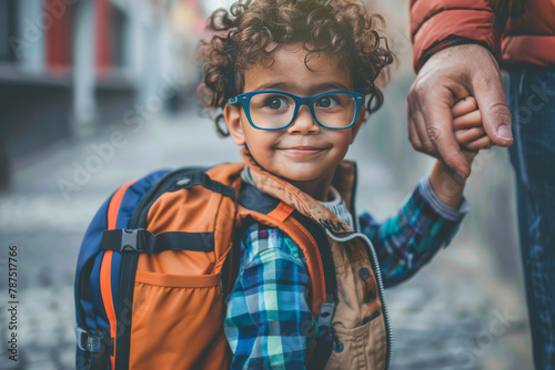 Curly-haired child with glasses holding parent's hand on urban walkway. First day of school excitement. Family support and educational growth concept. photo