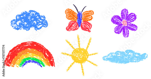 Set with childlike crayon elements in naive style