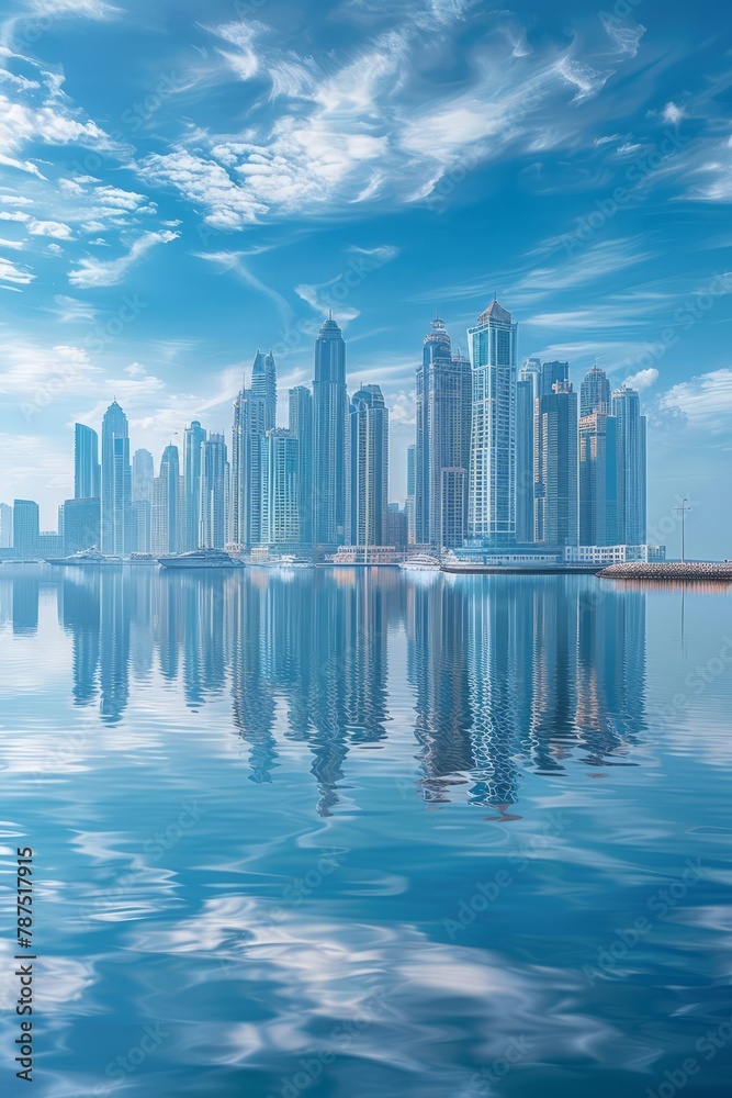 Fototapeta premium A modern coastal city with tall buildings and structures in the background, their reflections shimmering on the large body of water in the foreground