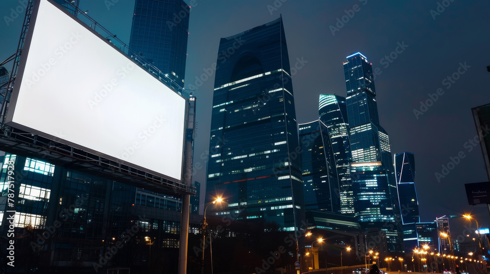 City at twilight with a large empty billboard. Urban advertising mockup with a twilight city backdrop. High-rise buildings and evening urban setting.