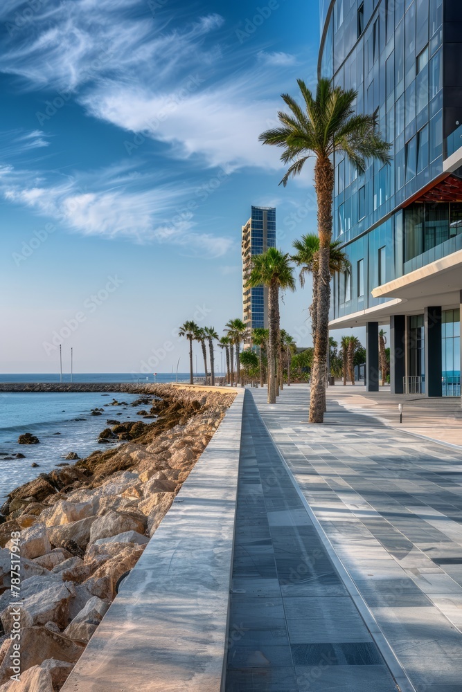 A lengthy walkway extends next to a body of water in a modern coastal metropolis, showcasing sleek architectural design and serene views of the waterfront
