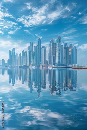 A modern coastal city with tall buildings and structures in the background, their reflections shimmering on the large body of water in the foreground