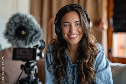 Smiling young woman vlogging with professional camera and microphone. Indoor lifestyle video creation concept with natural lighting. photo