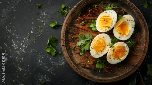 Soft-boiled eggs with parsley on a dark wooden plate, garnished with black pepper and parsley. Gourmet breakfast and healthy eating concept.