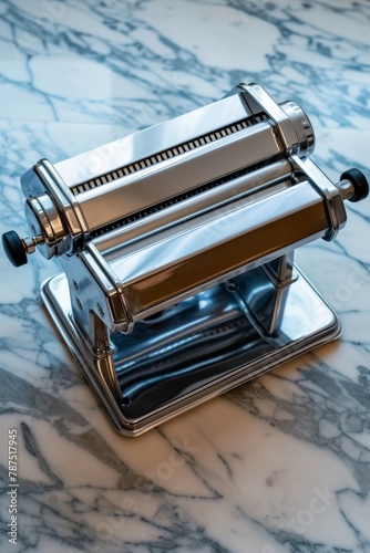 Stainless steel pasta maker on marble kitchen countertop. High-angle shot of a manual pasta machine. Culinary and gourmet cooking concept with copy space. photo
