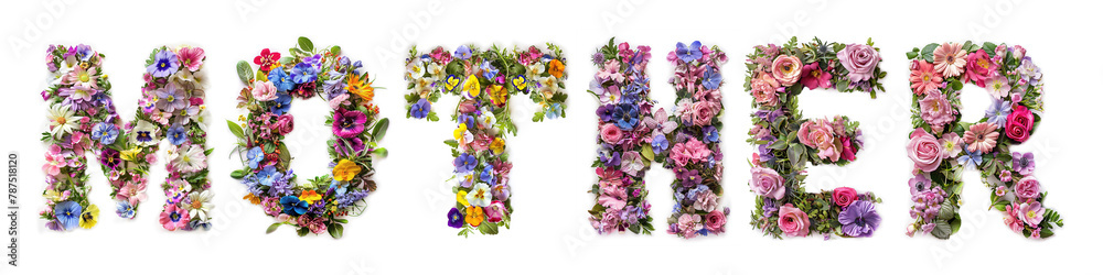 Text Mother made of natural flowers and leaves. Mother's Day concept.