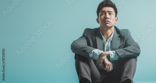 Young Asian man in formal clothes sitting on ground, looking helpless and unhappy. Generative AI photo