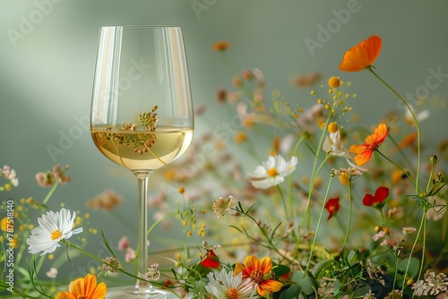 Wine glass on vibrant summer bacakground photo