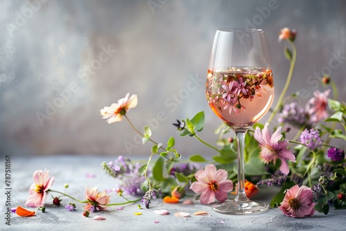 Wine glass on vibrant summer bacakground photo