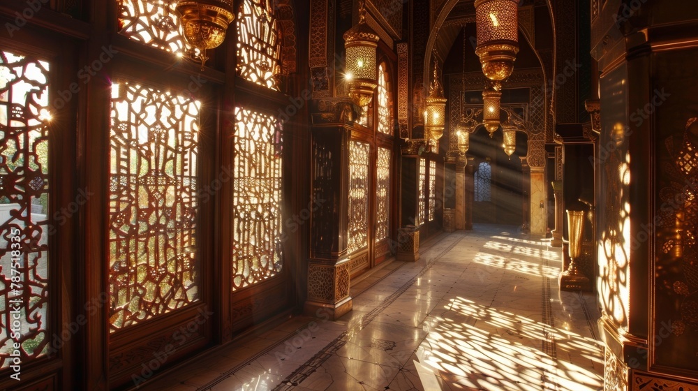The room is bathed in warm golden light streaming in from the intricately carved windows. The sun catches on the brass lanterns hanging from the ceiling casting intricate patterns .