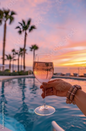 Person Holding Wine Glass by Swimming Pool