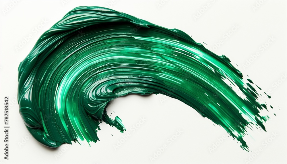 A luxurious emerald green paint stroke unfolds across a spotless white backdrop, radiating elegance and the lushness of nature A luxurious emerald green paint stroke unfolds across a spotless white backdrop, radiating elegance and the lushness of nature