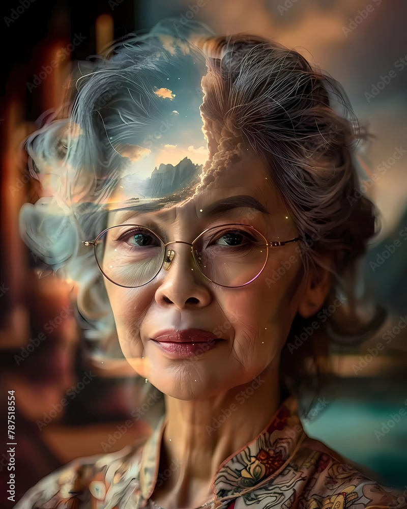 Elegant Senior Portrait: Asian Grandma with Glasses and Dreamy Double Exposure Effect