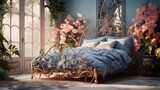 Luxurious bedroom setting with a focus on a floral-inspired iron bed frame, captured in