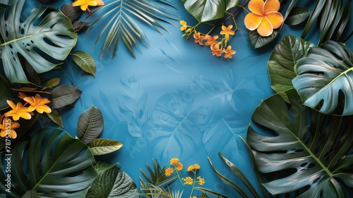 Blue Background With Oranges, Palm Leaves, Sunglasses, and a Hat
