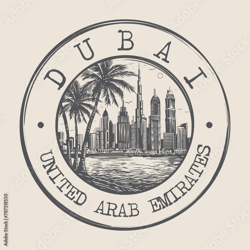 Dubai, United Arab Emirates Stamp City Postmark. Silhouette Postal Passport. Round Vector Icon. Vintage Postage Design.