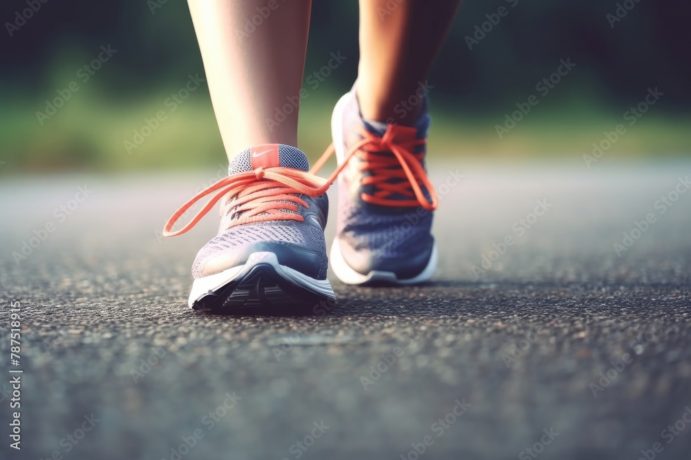 A closeup of a persons legs wearing running shoes on an asphalt road surface, with grass and people in nature in the background A closeup of a persons legs wearing running shoes on an asphalt road surface, with grass and people in nature in the background