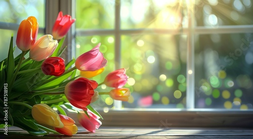 Bouquet of Tulips on Wooden Table