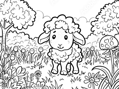 Cartoon farm animal sheep in the garden. Children coloring book. Generative ai.