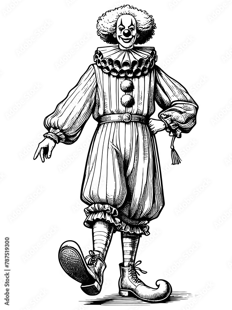 Obraz premium Full length clown, dressed actor in makeup. Sketch board imitation. Raster, generative ai.