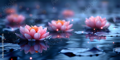 Serene Blue-Indigo Lake Radiating Tranquil Psychic Energy and Blooming Lotus Flowers