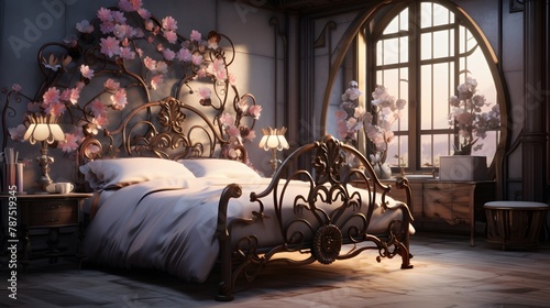 Whimsical bedroom setting with a flower-style iron bed, showcased in stunning high-definition.