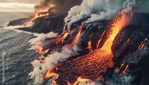 Dynamic Aerial View of Active Volcano Eruption, Lava Rivers Flowing into the Ocean