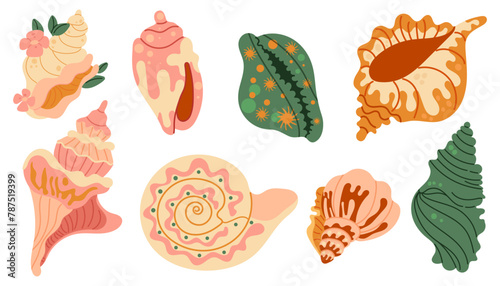 Set of seashells and starfishes. Pearl corral and snail shells. Sea life elements. Vector illustration sea set for poster, card, scrapbooking , stickers.