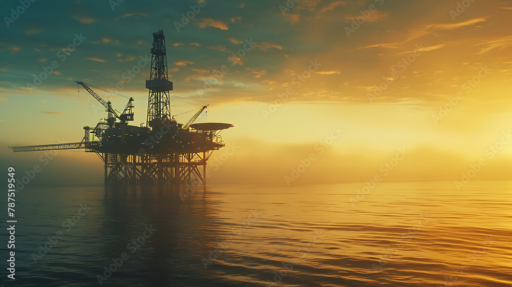 an offshore oil rig silhouetted against the vast expanse of the ocean. The rig stands resolute amidst the water