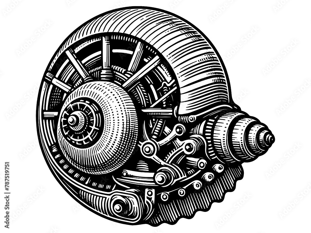 Fototapeta premium Sea shell with a complex mechanism. Hand drawing vintage style black. Raster, generative ai.