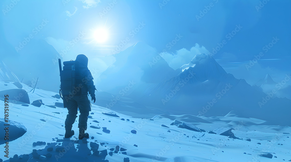 Create a minimalist depiction of a fictional explorer in the Arctic, using sparse, icy shapes and stark lines to convey their resilience and adventurous spirit