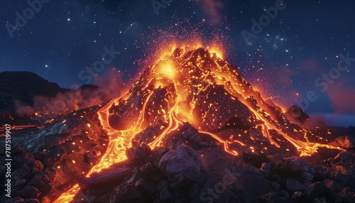 Majestic Active Volcano Illuminating the Night Sky with Fiery Lava Explosions photo