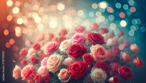 Roses colorées avec bokeh. Pour carte ou fond composition fête des mères, saint valentin, journée de la femme. 