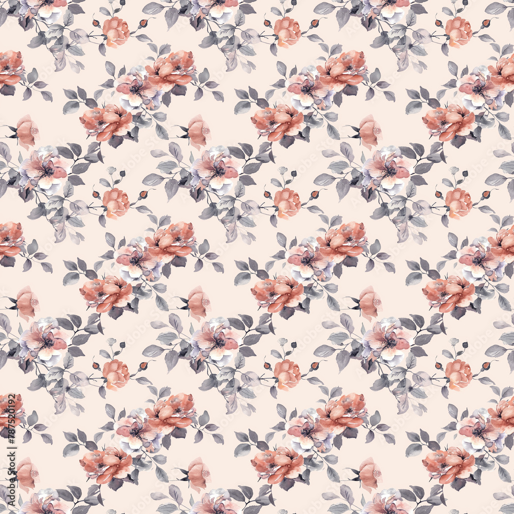 Flowers ornament. Seamless pattern with watercolor flowers roses, repeat floral texture, vintage background. Perfectly for wrapping paper, wallpaper fabric print, greeting cards