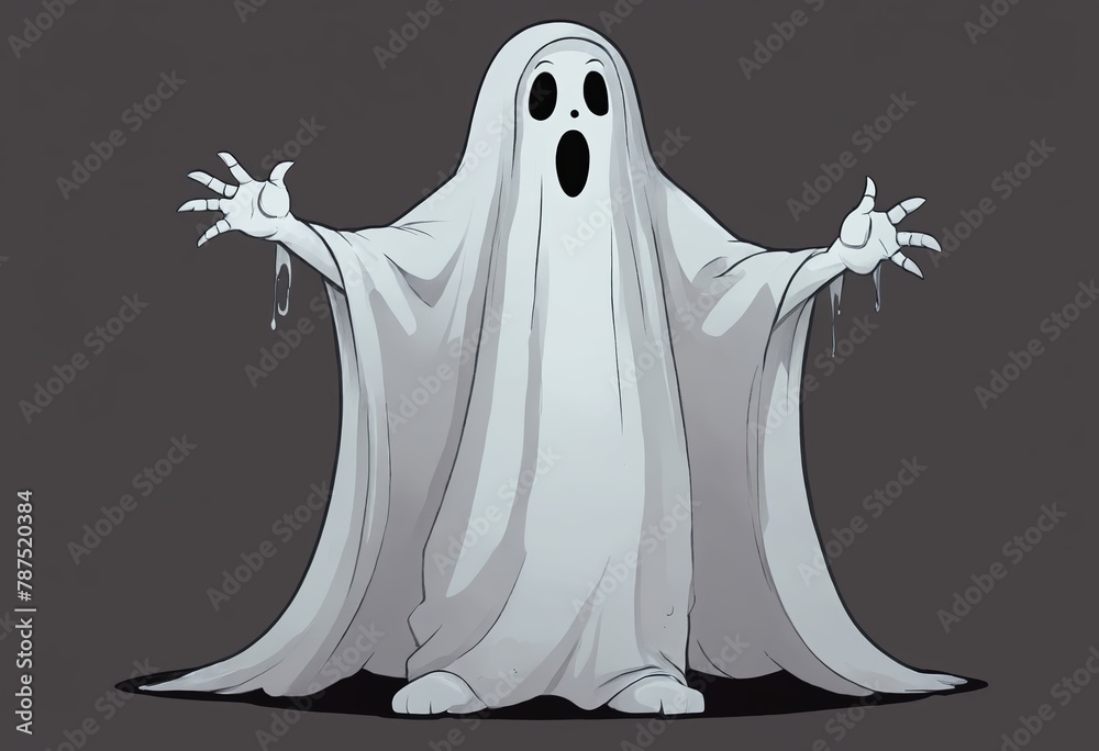 Adorably Spooky: Cartoon Ghost with Scared Expression on Grey Background Adorably Spooky: Cartoon Ghost with Scared Expression on Grey Background