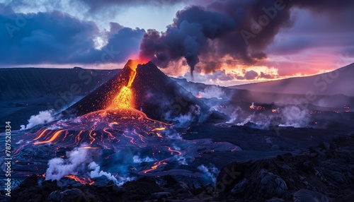 Spectacular Eruption of an Active Volcano at Twilight, Capturing Lava Flow and Smoke Against a Dusky Sky