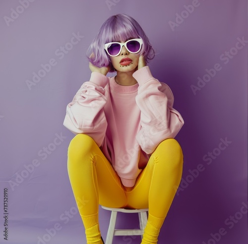 Woman With Purple Hair in Pink Sweater and Yellow Tights