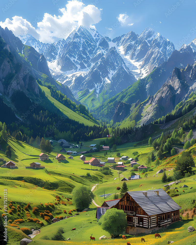 Vibrant Georgian Mountain Landscape Painting Depicting a House and Majestic Peaks in Europe