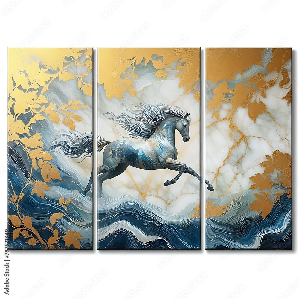 Majestic Elegance: A Graceful Horse Amidst Golden Blossoms and Marble Elegance