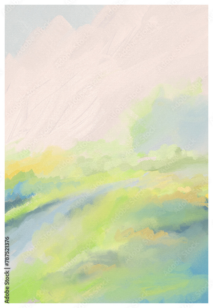 Fototapeta premium Impressionistic Pathway in Soft Pastel Green & Orange & Yellow Art, Illustration, Digital Painting, Artwork, Design