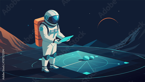 A glowing holographic projection rises from the astronauts portable mapping equipment illuminating the dark Martian night with a network of