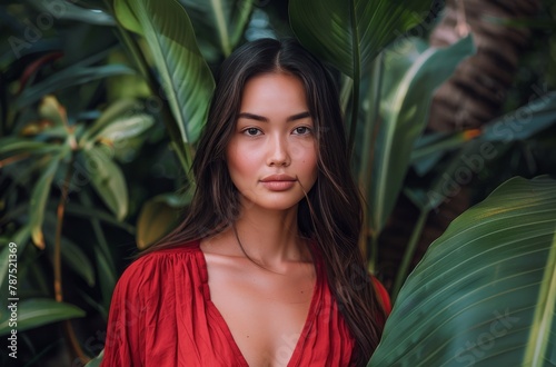 Woman in Red Dress Standing in Jungle