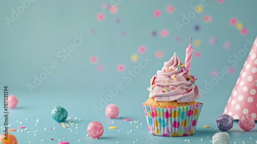 Cupcake With Pink Frosting Surrounded by Confetti