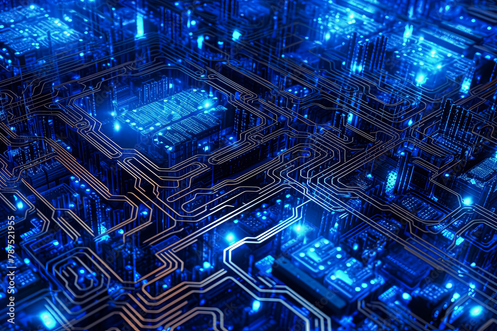 A close up of a blue electronic circuit board with a small chip on it. A close up of a blue electronic circuit board with a small chip on it.