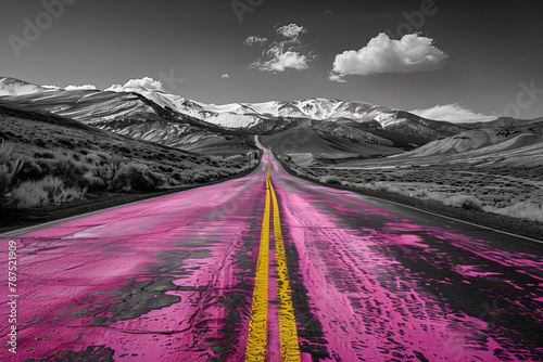 Pink color road to the mountains with black and white landscape.