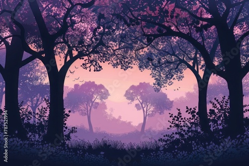 Sunset in the forest in violet graduated monochromatic color with dark trees silhouettes. © Amel