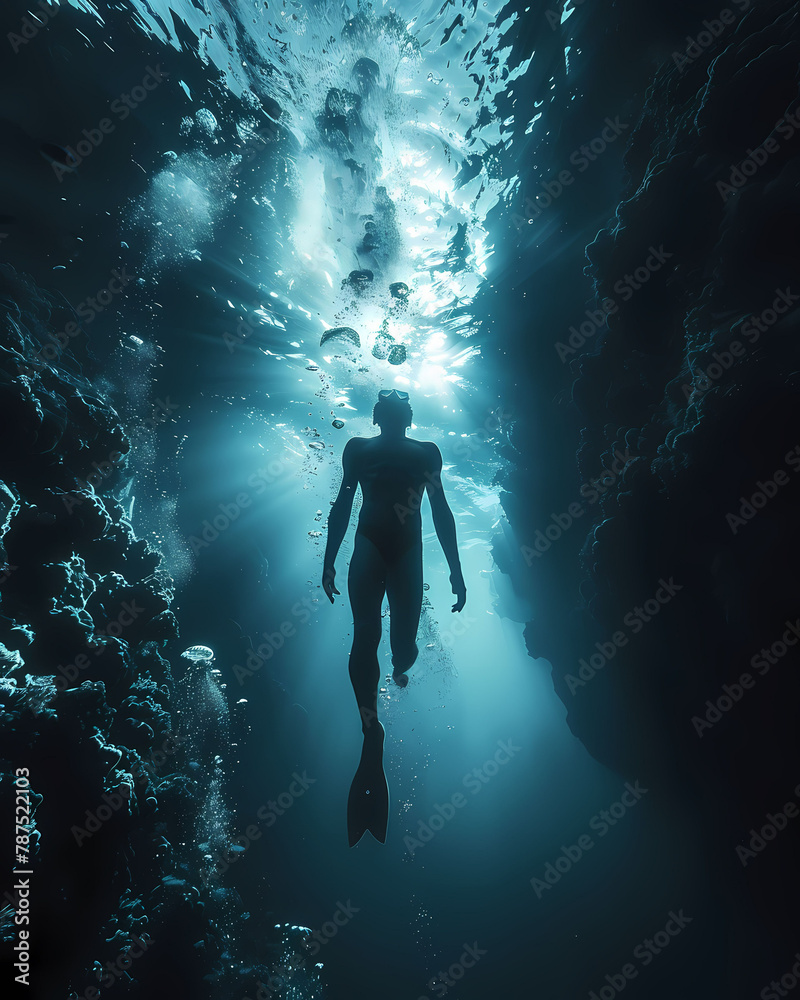 Artistic Underwater Exploration: Vibrant Painting of a Free Diver in Azure Depths Artistic Underwater Exploration: Vibrant Painting of a Free Diver in Azure Depths